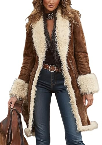 ORANDESIGNE Fellmantel Damen Kunstfell Jacke Wildledermantel Vintage Jacke Langer Wintermantel im 70Er Jahre Stil