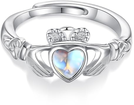 AEONSLOVE Anello Pietra di Luna Regolabile Argento 925 per Donna, Anello Albero della Vita/Claddagh Irlandese/Piuma Aperto, Anelli Regolabili Nodo della Strega/Foglie/Tripla Luna Ecate Wicca