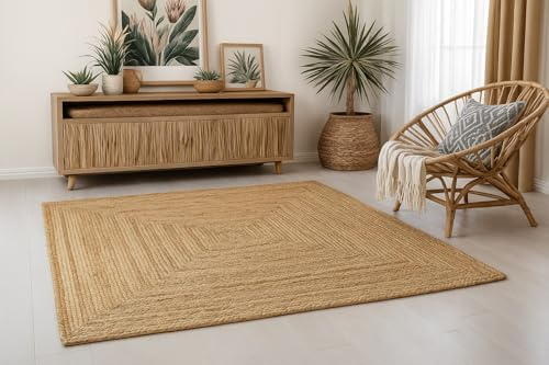 MY-RUG Jute Teppich 120x120 cm - Juteteppich Handgewebt - Natur Beige | Nachhaltiger Sisalteppich in Sisal-Optik, OEKO-TEX zertifiziert, ideal für Wohnzimmer, Boho-Stil und Saugroboter geeignet