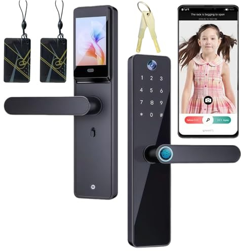 Smart Door Lock with Camera, 3.5-inch Screen, Touchscreen with Doorbell, APP Remote Unlocking, Fingerprint, Password, Key, Card, Keyless Video Door Lock, Suitable for Homes & Apartments, Black