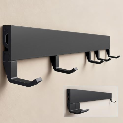 doporro Garderobenleiste Schwarz Wandgarderobe mit 5 verschiebbaren Haken | Garderobenhaken und Kleiderhaken aus Aluminium, Hakenleiste für Flur, Bad und Küche, Stalo-10