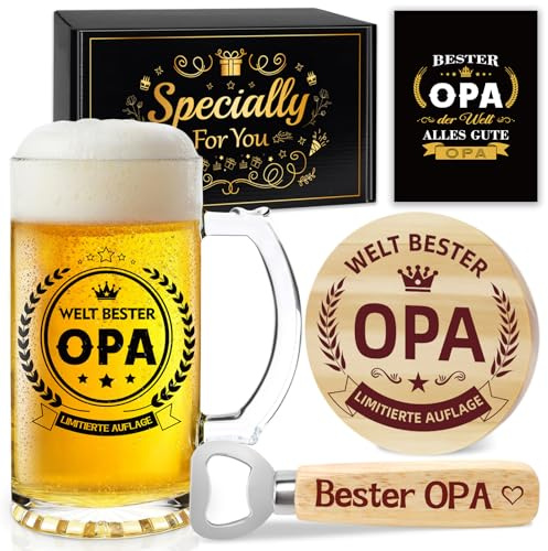 Opa Geschenk Bierkrug 0,5 L mit Gravur Flaschenöffner und Holzuntersetzer | Bester Personalisierte Geschenke für Opa, Opa Geschenk Vater Geschenke für Männer, Weihnachten Weihnachtsgeschenke
