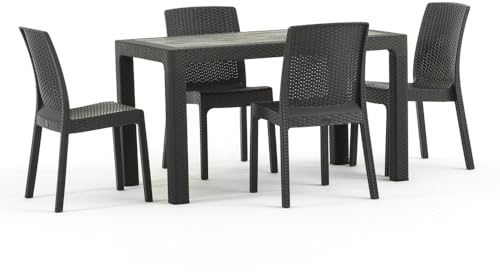 beobeo Set da esterno in polipropilene effetto rattan tavolo rettangolare 130x75 cm e 4 sedie impilabili, salotto da giardino per 4 persone stile rattan - Omar & Amira (Nero Antracite)