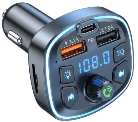 Bluetooth Car Adapter with FM Transmitter, Car Bluetooth Transmitter with Hands Free Calling, USB C and USB Output, MP3 Player for 12V/24V Vehicle Radio