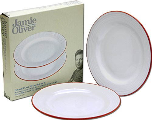 Jamie Oliver 2 Dinner Plates, Large Flat Plates, 28 cm, White with Terracotta Style Rim