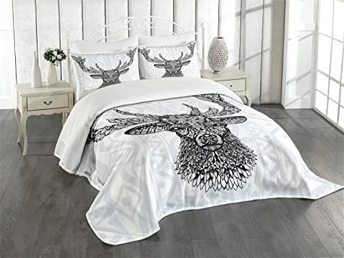 ABAKUHAUS Schwarz-Weiss Tagesdecke Set, Bohem Deer, Set mit Kissenbezügen Waschbar, für Doppelbetten 264 x 220 cm, Weiß Anthrazit