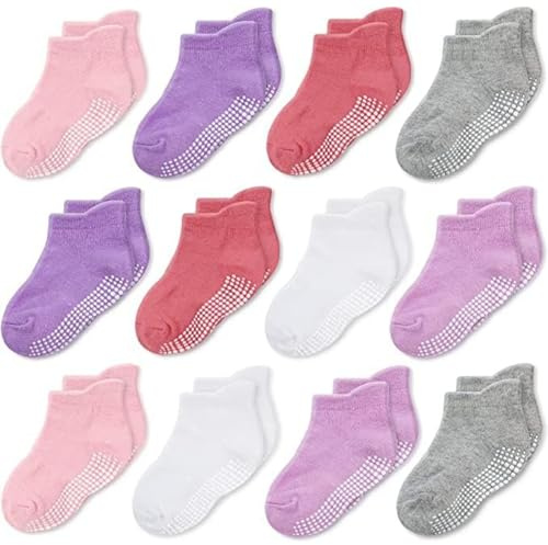 Cozyway Baby-Boys, Baby-Girls Non-Slip Socks With Grippers, 12 Pair, Ankle Style For Infants, Toddlers, Boys, Girls, Keep Your Little Ones Safe And Comfy, Assorted Girls Colors, Girls 12Pk, 3-5T