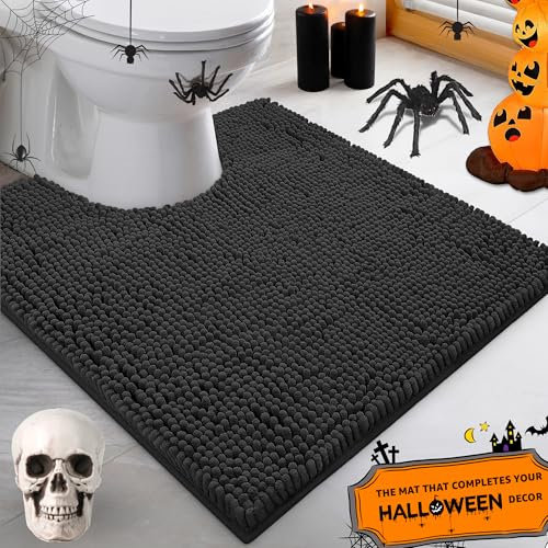 LuxUrux Bath Mat-Extra-Soft Plush Bath Shower Bathroom Rug,1'' Chenille Microfiber Material, Super Absorbent Shaggy Bath Rug. Machine Wash & Dry (Black, U Shaped 50 x 50 cm)