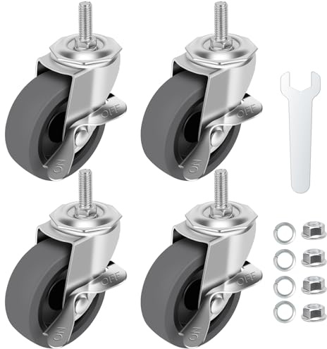 WHARSTM - Feststellbare 3 cm Lenkrollen, 4 x 3/8 bis 16 x 1 cm Gewindeschaft Rollen aus Gummi mit 360 Grad drehbaren Rollen, geräuscharm, Vorbauräder mit Bremse
