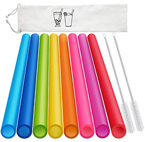 8 Pcs Extra Wide Reusable Smoothie Straws & Boba Straws with 1 Bag & 2 Brushes - Multicolor Big Jumbo Straws, BPA Free Large Plastic Straws for Smoothies, Bubble Tea(Tapioca, Boba Pearls), Milkshakes