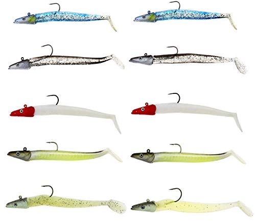YINETTECH 10 Stücke Gummiköder Köder Angeln Jig Set mit Aufbewahrungsbox Salzwasser Süßwasser Bleikopf Sinken Schwimmen Kunststoff 10 cm Köder Wurm für Fleisch Fressende Fische