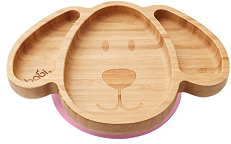 BABI® Großer Teller für Babys und Kleinkinder, natürlicher Bambus, mit Saugnapf, Rosa