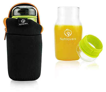 Nutrilovers NUTRI-Gold Trinkflasche aus Borosilikat-Glas mit Schutzhülle (BPA-frei)