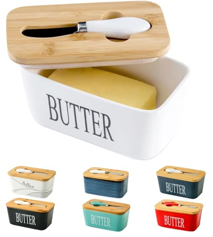 Hasense Butterdose aus Porzellan mit Holzdeckel - Butterdose mit Buttermesser für Arbeitsplatte weiß