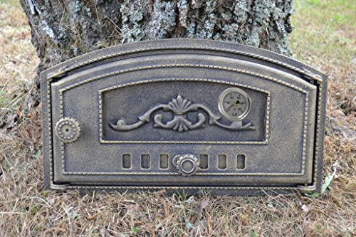 SEZAM, Puerta de horno de hierro fundido macizo, puerta de horno de pizza para diestros, 48,2 x 27,5 cm, con termómetro de 500 C, horno de pan, cocina de jardín y cámara de ahumado, dorado envejecido