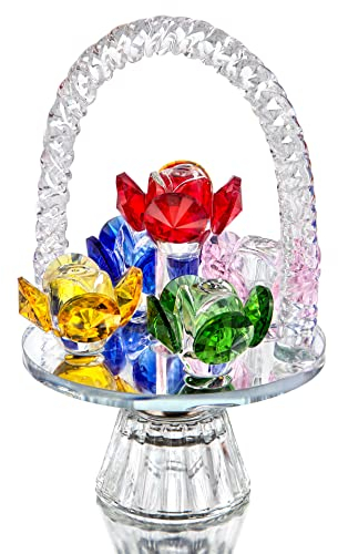 H&D HYALINE & DORA Colorful Crystal Flower Basket Figurine with Rotating Base Ornament,Glass Flower Collectible Figurine for Home Table Centerpiece Valentines Day Gifts For Her