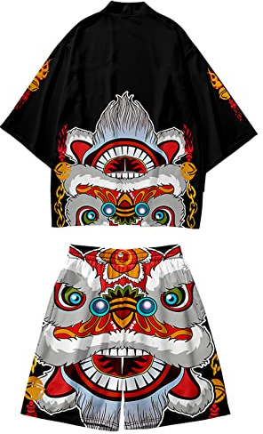 DOSLAVIDA Ensemble de veste kimono japonaise pour homme - Élégant manteau ouvert sur le devant avec short - Style chinois - Cardigan imprimé, Short-noir 6, X-Small