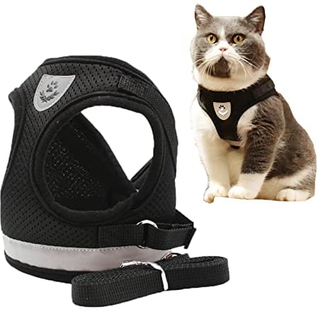 MYKOMI Comfort Step-in Cat Harness and Leash Set for Puppies Cats Kitty Escape Proof Pet Vest Harnesses for Small Animals Rabbit/Mouse/Cats (L:5-7KG, Black)