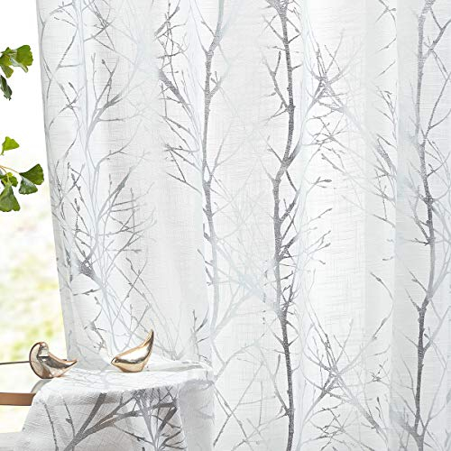 FMFUNCTEX Weiß Silber Voile Vorhänge Transparente Metallic Zweige Muster Gardinen für Wohnzimmer Leinenoptik Vorhang Halbtransparente Modern Ösenschals für Schlafzimmer 2er Set, 245 x 127 cm (H x B)