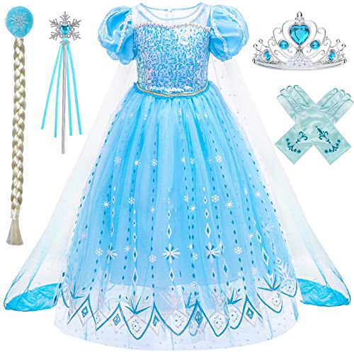 Vamei Elsa Kostüm Mädchen Elsa Kleid Mädchen Eiskönigin Kleid Elsa Prinzessin Kleid mit Elsa Kleid Krone Diadem Handschuhe Zauberstab für Karneval Geburtstagsfeier Geburtstag Mädchen 4 5 6 7 8 9 Jahre