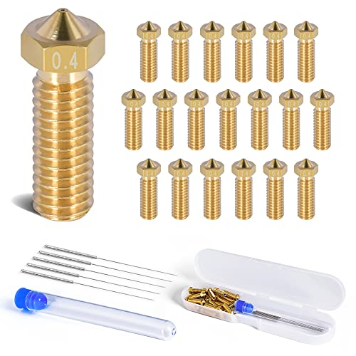 FBBULES 20 pcs 0,4 mm Buse Volcano M6 en Laiton pour Imprimante 3D, Buses Volcano Nozzle de Tête d'Impression d'Extrudeuse pour Filament 1,75 mm avec 5pcs Aiguilles de Nettoyage en Acier