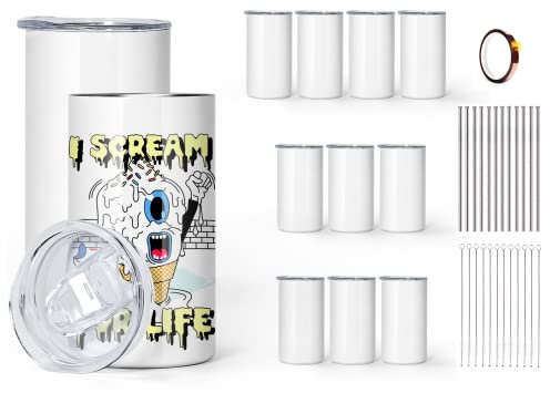 AGH Vasos de sublimación de 12 onzas con tapas y pajitas de acero inoxidable rectos para niños, vaso aislado al vacío de doble pared, sin BPA, gran regalo para niños, paquete de 12