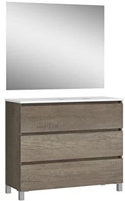 Baikal, Conjunto de baño Natura. Mueble de Baño de Fondo Reducido, con Lavabo cerámico. Distribución Tres Cajones. Mueble MONTADO. Tres Cajones con Espejo. Fondo 39cm 90 cm Nebraska