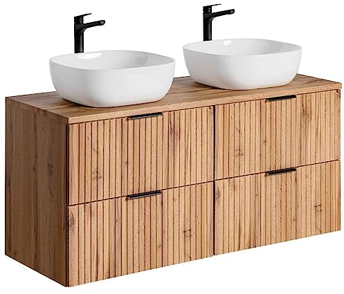 Lomadox Badmöbel Waschtisch Set, 120cm Unterschrank Wotaneiche gerillt, 2 Keramik-Waschbecken, 4 Softclose-Schubkästen, B/H/T 120,6/73,7/46,5 cm