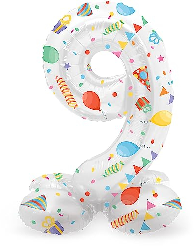 Folat 64769 Luftballon Geburtstag Stehender Ziffer Zahl 9 Joyful Party Weiß mit Geschenke und Dekoration 41 cm - Decoration Geburtstagdeko, Ballon Zahl, Kein Helium erforderlich
