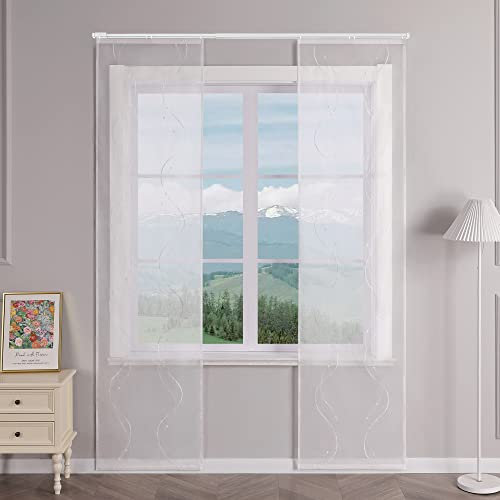 Delien Schiebevorhänge 2er Set Transparente Schiebegardinen Modern mit Paneelwagen Flächenvorhänge mit Wellenmuster Wohnzimmer Fenster Gardinen Bestickt mit Klettband BxH 57x225cm,Weiß