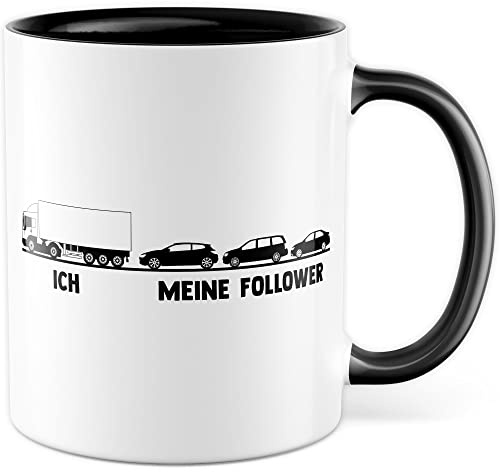 LKW Tasse mit Spruch Lkw-Fahrer Kaffeetasse Kaffee-Becher lustig Geschenkidee Fernfahrer Geschenk Lastwagen Spediteur Ich Meine Follower Witz Trucker Lastwagen-Fahrer Stau (Weiß/Schwarz)