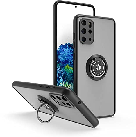 JIEZUIMEI Durchscheinende Handyhülle für Samsung Galaxy S20 Plus/S20+ 5G Hülle, Ultradünne Stoßfeste Case Matte Harte PC Zurück Cover und Weich Schlank TPU Bumper Schutzhülle mit Ring Ständer Schwarz