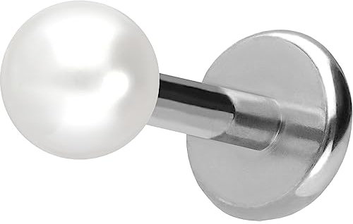 PIERCINGLINE Titan Labret mit Push Fit SYNTH. PERLE Piercing Ohr Helix Conch Tragus Silberfarben 1,2x6x3 mm