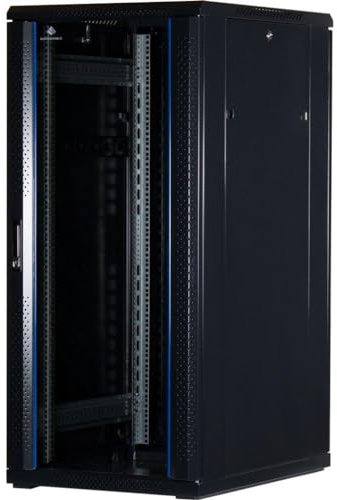 Rockstable 27HE 19 Zoll Serverschrank Netzwerkschrank (BxTxH) 600x800x1400mm mit Glastür - Türanschlag wechselbar - Türen und Seitenwände abnehmbar und verschließbar - Schwarz (RAL 9005)