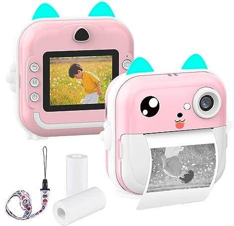 Andoer Kinderkamera Sofortbildkamera, Kinderkamera Print, 2.4 Zoll Bildschirm Digitalkamera für Kinder mit Kartenleser, 32 GB Speicherkarte, Geschenk für Kinder 3-14 Jahren (Rosa)