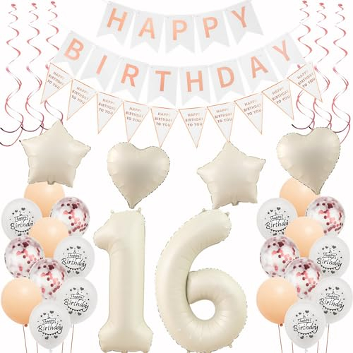 Deko 16. Geburtstag Mädchen Beige Roségold Luftballons 16 Geburtstag Dekoration Mädchen，16 Deko，Geburtstagsdeko 16 jahre,Happy 16th Birthday Girlande 16 Party
