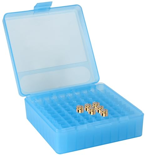 Prothens 100 Round Flip-Top Pistol Ammo Box Plastic Stackable and Lockable Ammo Storage Can Bullet Case Designed for Rifle, Pistol or Shotgun Ammo Storage-Blue 4.65*4.65*1.77