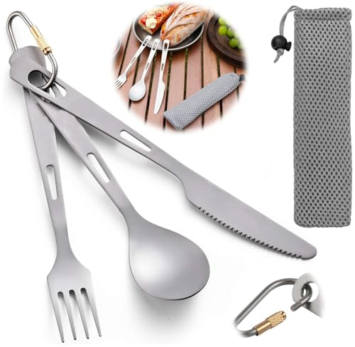 Norhogo Set di stoviglie in titanio, 3 pezzi, cucchiaio, forchetta, coltello da viaggio
