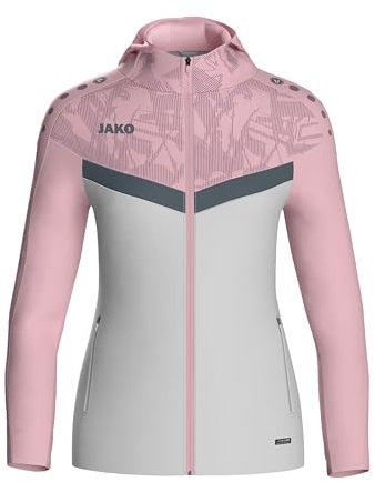 JAKO ICONIC Kapuzenjacke Gr. 44 Soft Grey/Dusky Pink/Anthra Light - Zipper Hoodie Damen, Bequeme Sweatjacke mit Keep Dry Funktion aus 100% recyceltem Polyester