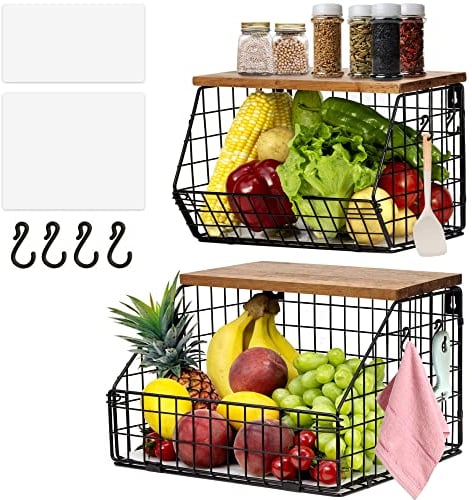 TIOYOTY Hanging Fruit Basket, Fruit Bowl Hanging Basket for Kitchen, Wall Fruit Basket with Wooden Lid, Fruit and Vegetable Basket for Counter, Onion and Potato Snack Bread Holder (Lagre and Small)