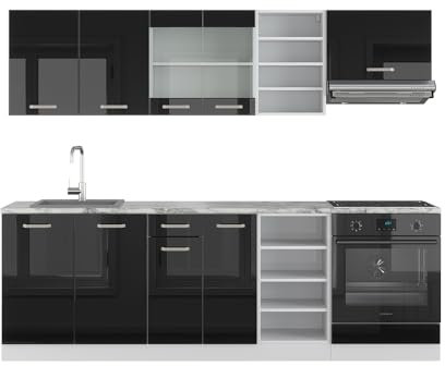 Vicco Küchenzeile R-Line, Schwarz Hochglanz/Weiß, 240 cm ohne Arbeitsplatte