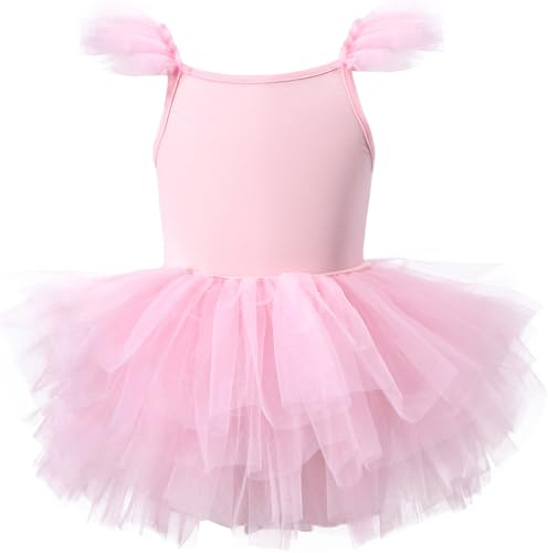 AIEOE Mädchen Ballett Kleider Tutu Turnanzüge Tüll Tanzkleider Kinder Ärmel Rüschen (Schritt Mit Knopf) 4-6 Jahre Rosa B01