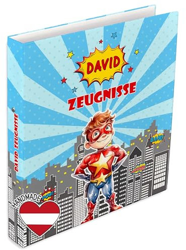 FEENSTAUB Personalisierte Zeugnismappe mit Namen und Text, Dokumentenmappe für Zeugnisse, Ordner A4 schmal Kinder, Zeugnisringbuch A4, Zeugnisordner, Geschenk Einschulung, Mappe Superheld