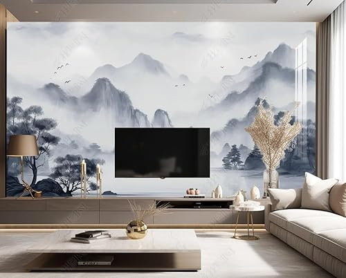 Fototapete 3D Effekt Tapeten 3D Landschaft Im Chinesischen Stil Wolken Nebel Vögel Und Wälder Wohnzimmer Schlafzimmer Flur Modern Vlies Tapete Vliestapete Wandtapete 200Cm(W)*140Cm(H)
