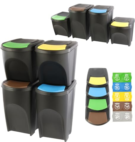 botle Lot de 4 poubelles de tri sélectif de 120 l - 2 x 35 l + 2 x 25 l - Noir - À empiler - Compact, modulaire et léger - Tri facile des déchets ménagers - Plastique