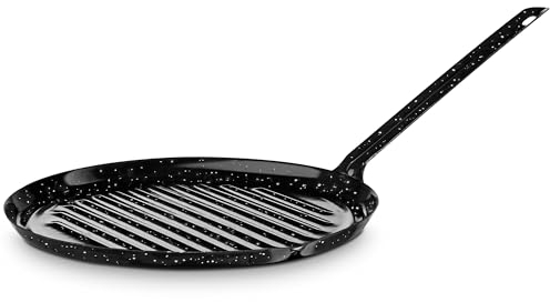 briebe Grill Asador Inducción Rayas 26 cm Acero Esmaltado, Sartén Parrilla Redonda, Apto para Vitrocerámica, Fuego, Gas, Horno, Levante Negro Jaspeado