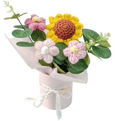 suyakota Gehäkelter mittelgroßer Sonnenblumenstrauß: Handgefertigter gestrickter Blumenstrauß für Muttertag, Geburtstag, Heimdekoration, Freundin, Hochzeit, Oma, Geburtstagsgeschenk (Rosa)