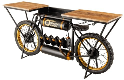 Konsolentisch MOTORCYCLE 185cm - schwarz gold - Mangoholz - Nachhaltig | Massiv, Als Beistelltisch nutzbar, individuelle Maserung, Stauraum, Metallgestell, Ablagefläche, Industrial Look