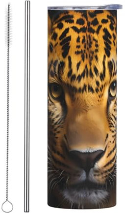 YYHWHJDE The deep-Eyed Leopard Picture Mug en acier inoxydable avec paille pour cafés, bureaux, voitures 591 ml