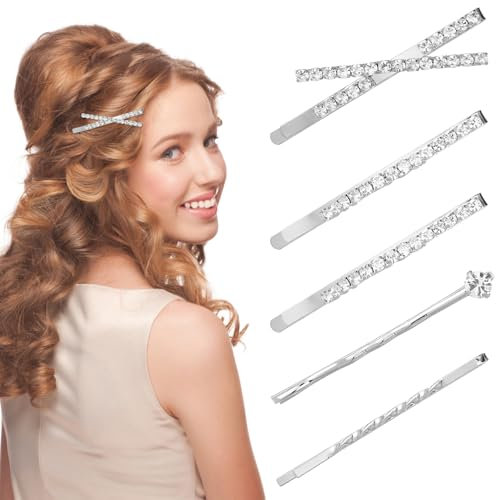 JIYIN 10 Stück Kristall Haarklammer Silber, 5 Stil Haarklammer Metall Glitzer Haarspangen Damen Kristall Haarspange Glitze Braut Haarnadeln Bobby Pins für Mädchen